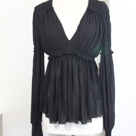 Free People Day Dreaming Top NEW Women Babydoll Shirt Black Small Long Sleeves - Picture 5 of 11